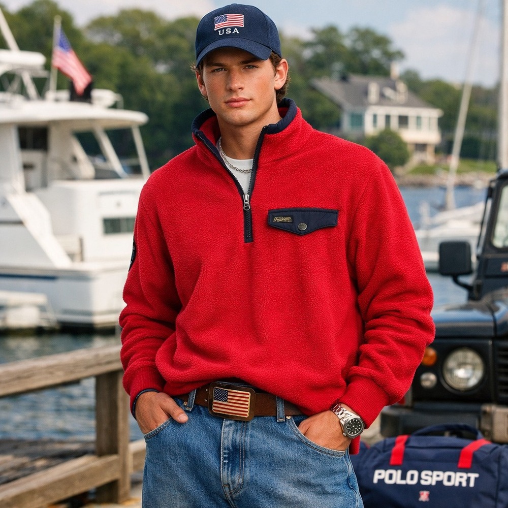 Polo Ralph Lauren Mens Red Fleece Quarter Zip Pullover Navy Pocket Y2K 90s Prep